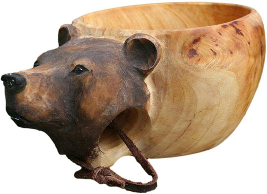 Handmade Wooden Carving Cup – Animal Shape Camping Mug with Leather Lanyard