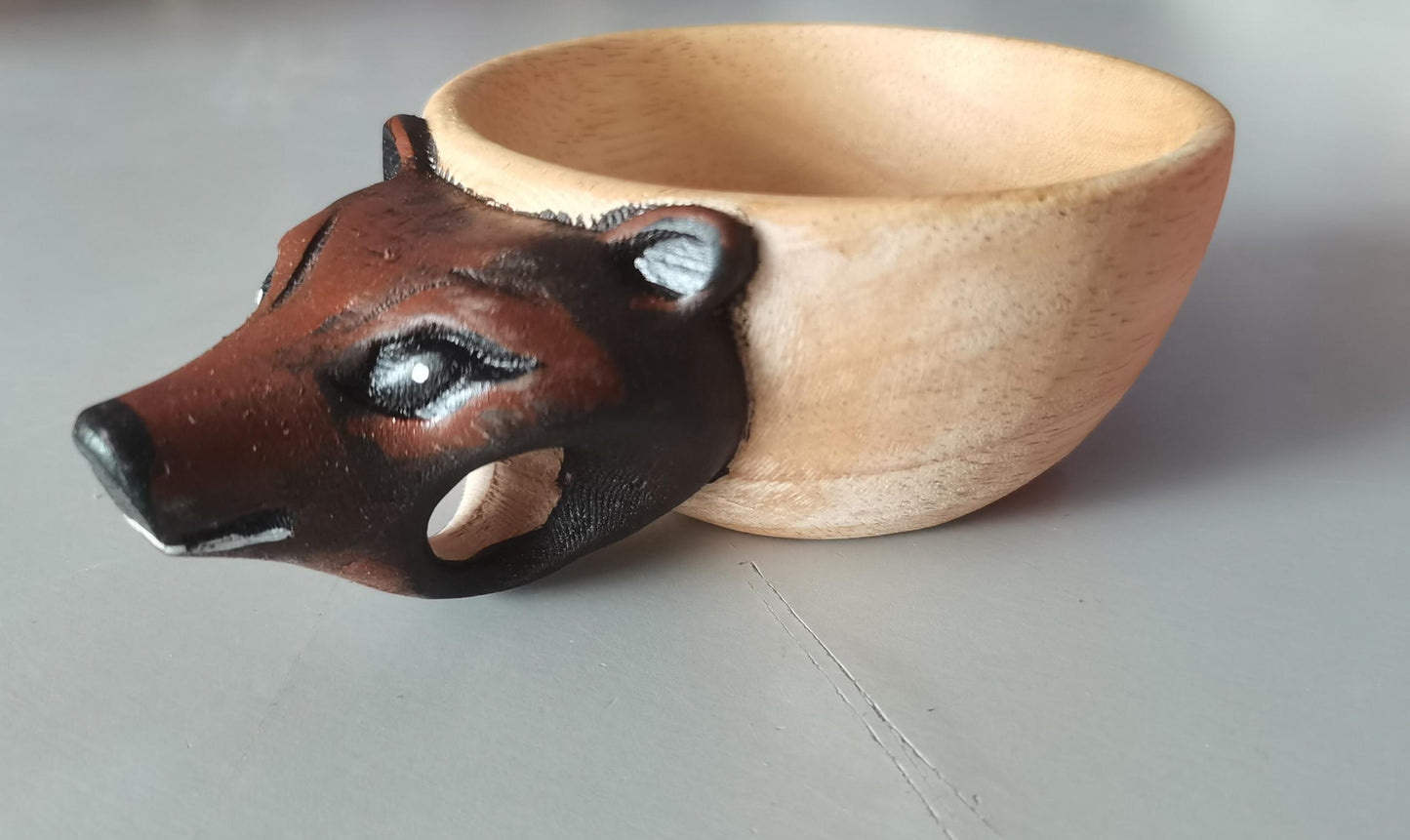 Handmade Wooden Carving Cup – Animal Shape Camping Mug with Leather Lanyard