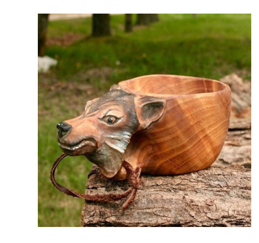 Handmade Wooden Carving Cup – Animal Shape Camping Mug with Leather Lanyard