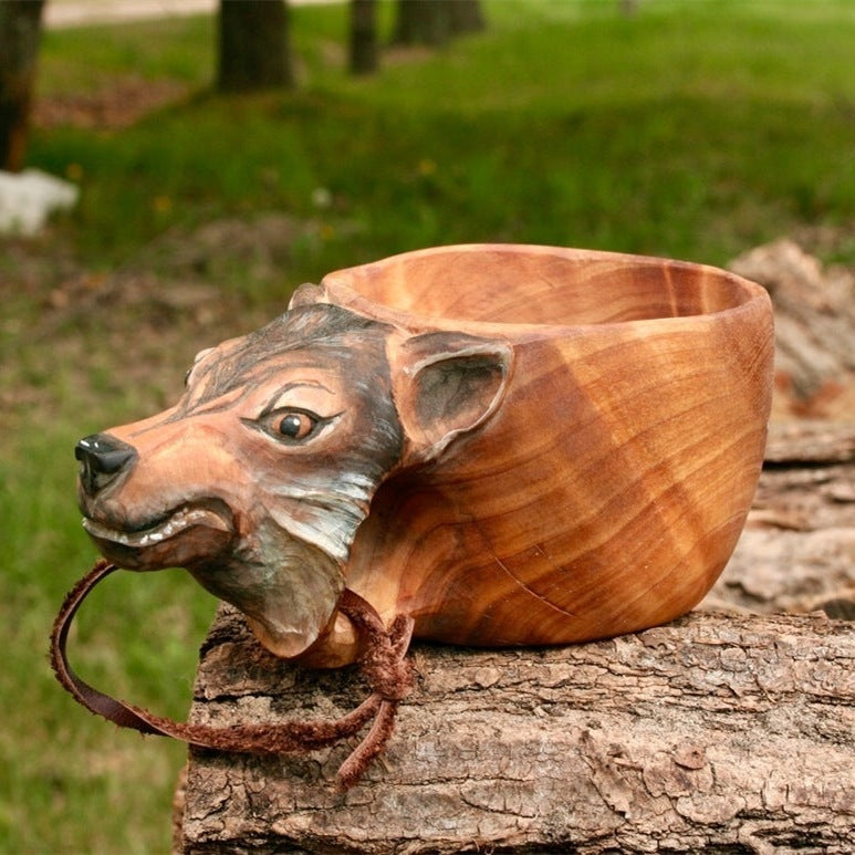Handmade Wooden Carving Cup – Animal Shape Camping Mug with Leather Lanyard