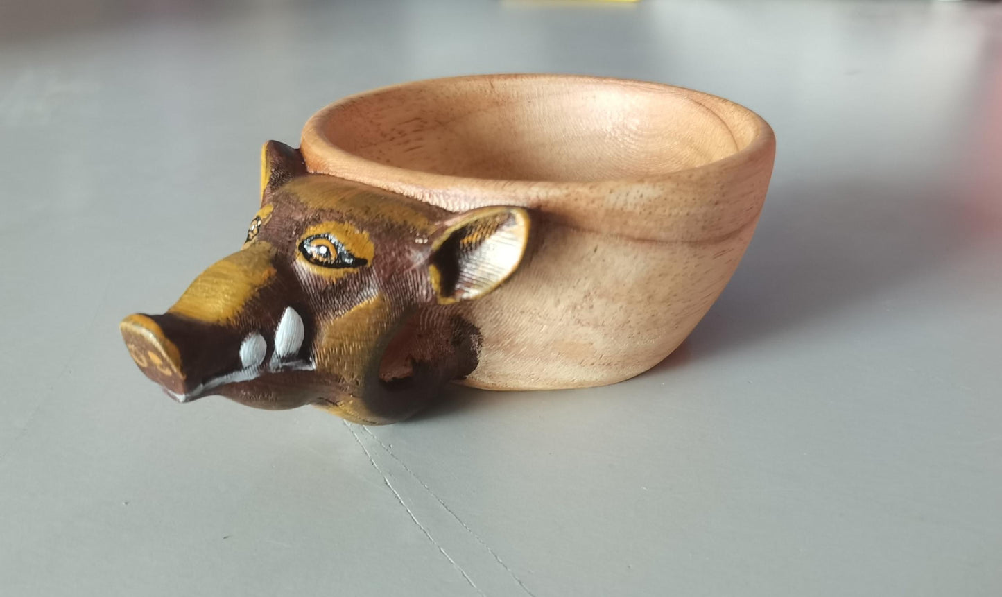 Handmade Wooden Carving Cup – Animal Shape Camping Mug with Leather Lanyard