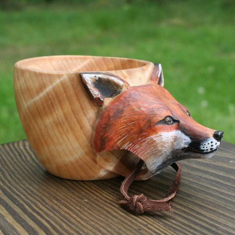 Handmade Wooden Carving Cup – Animal Shape Camping Mug with Leather Lanyard
