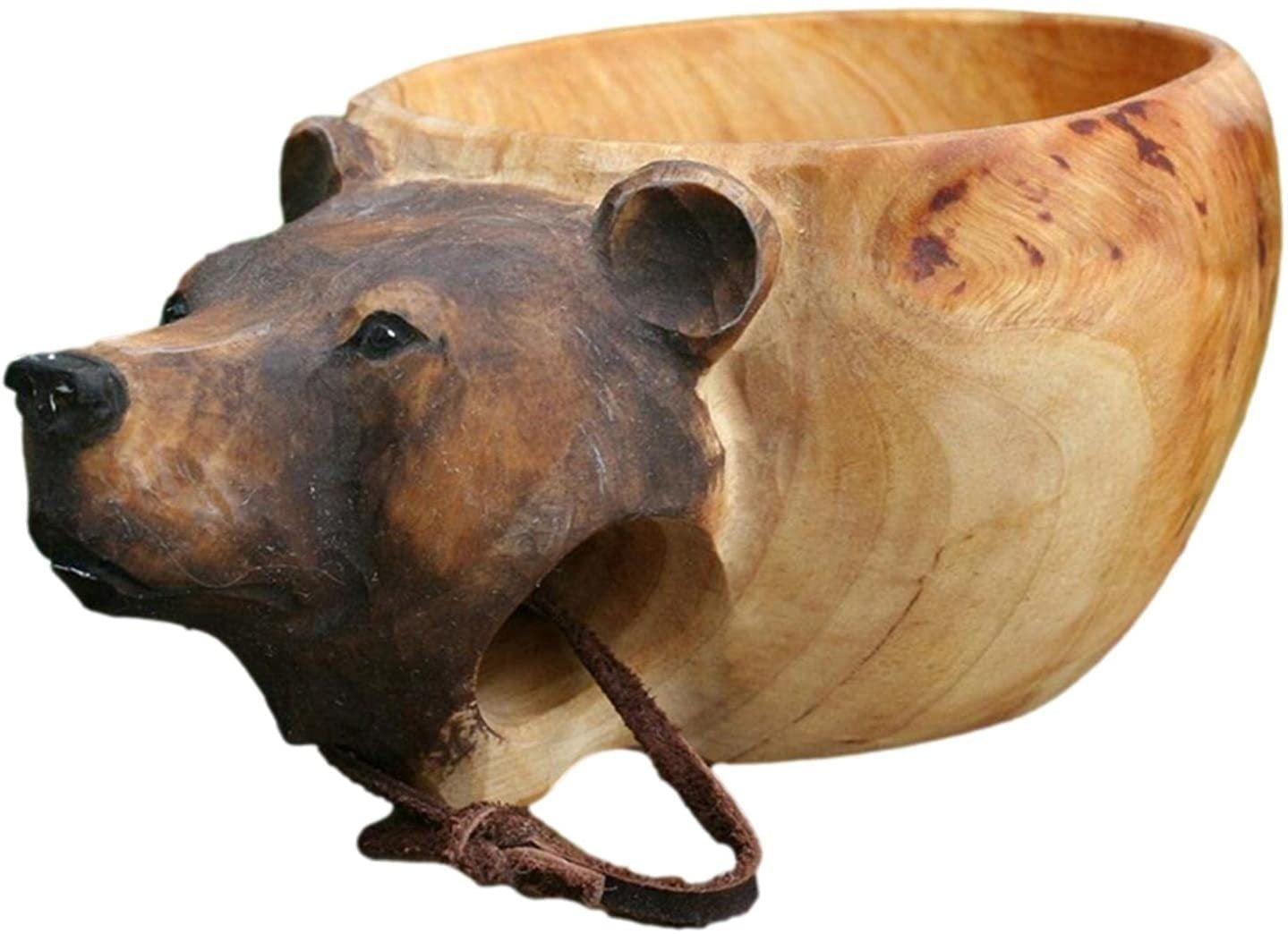 Handmade Wooden Carving Cup – Animal Shape Camping Mug with Leather Lanyard