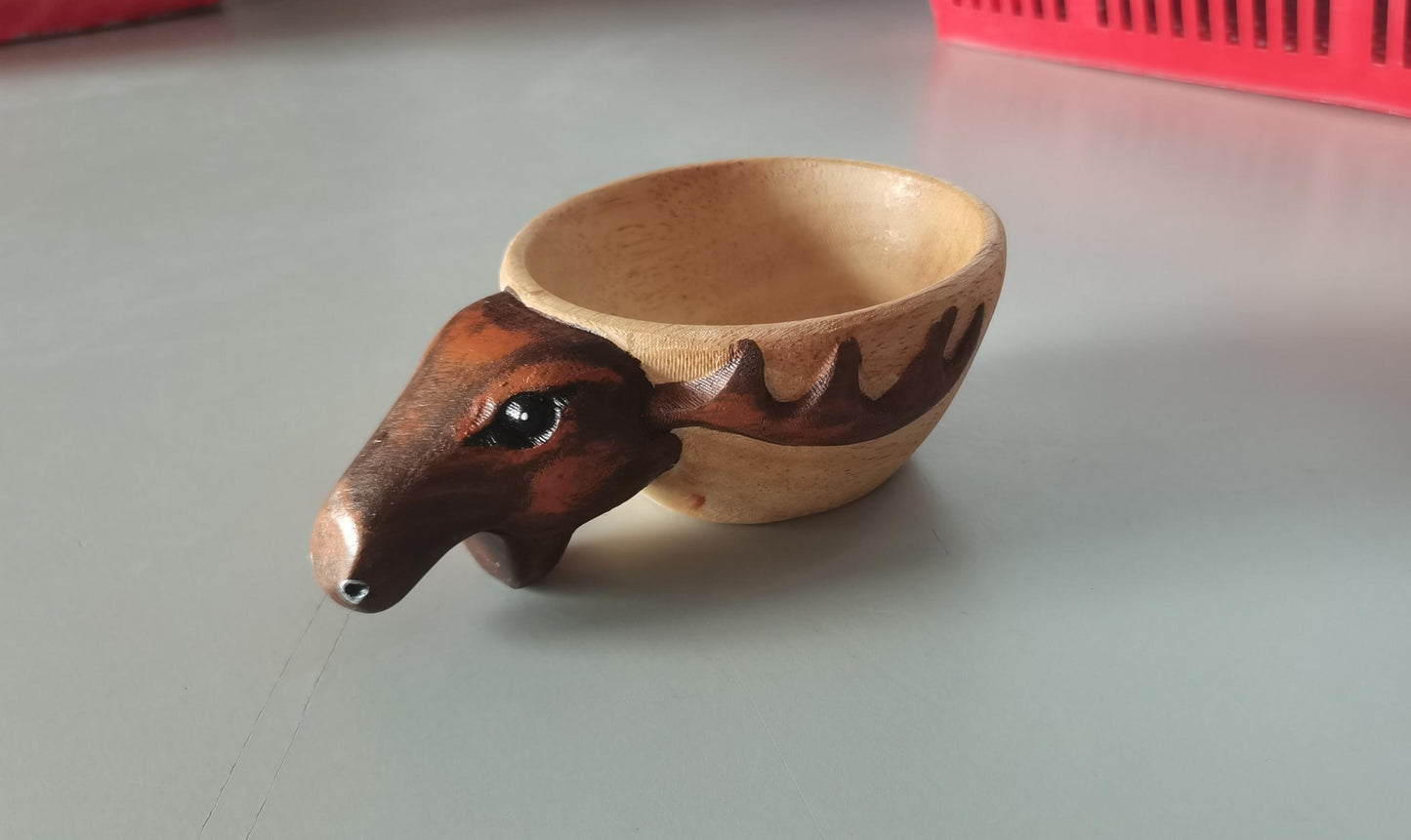 Handmade Wooden Carving Cup – Animal Shape Camping Mug with Leather Lanyard