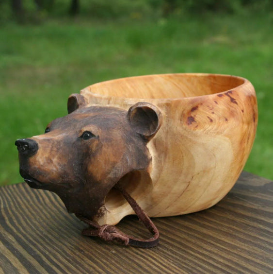 Handmade Wooden Carving Cup – Animal Shape Camping Mug with Leather Lanyard