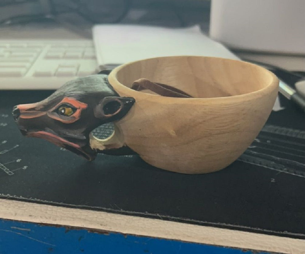 Handmade Wooden Carving Cup – Animal Shape Camping Mug with Leather Lanyard