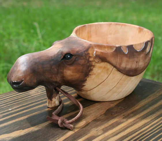 Handmade Wooden Carving Cup – Animal Shape Camping Mug with Leather Lanyard