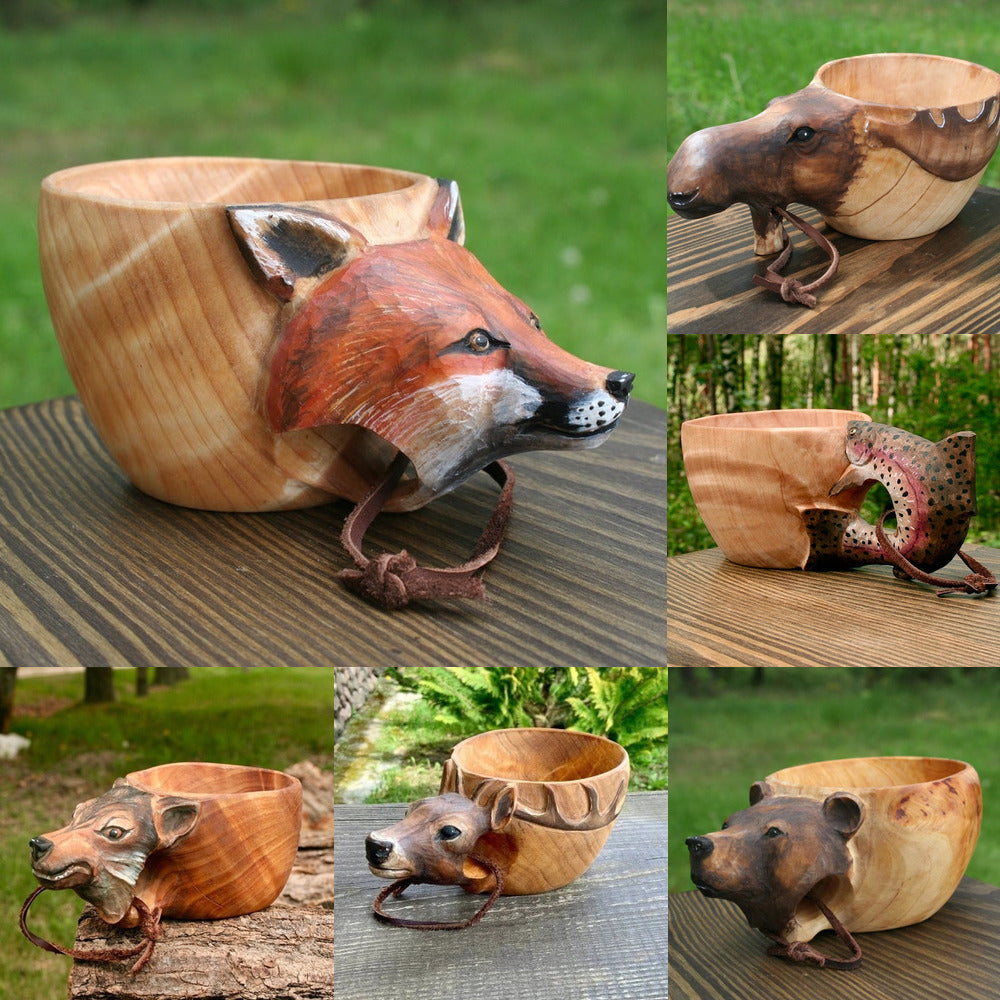 Handmade Wooden Carving Cup – Animal Shape Camping Mug with Leather Lanyard