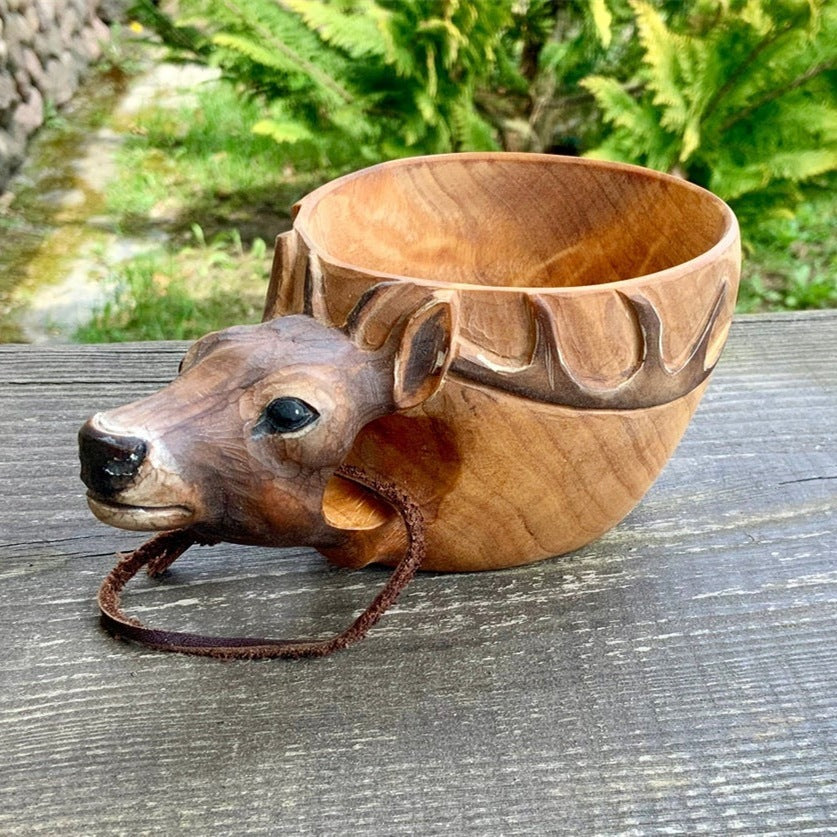 Handmade Wooden Carving Cup – Animal Shape Camping Mug with Leather Lanyard