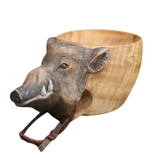 Handmade Wooden Carving Cup – Animal Shape Camping Mug with Leather Lanyard