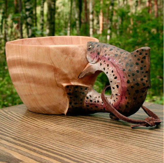 Handmade Wooden Carving Cup – Animal Shape Camping Mug with Leather Lanyard
